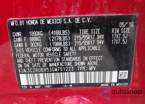 2016 Honda Hr-V Ex from USA, damaged, VIN 3CZRU6H53GM751223